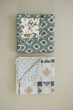 Patchwork Print + Blue Blossom Lace Muslin Quilt