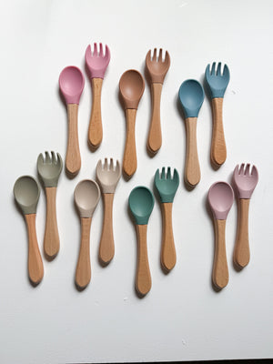 Silicone and Wooden Spoon & Fork Set