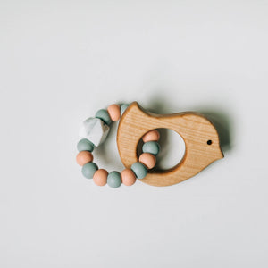 Custom Wooden Bunny Teether with Beaded Silicone Ring