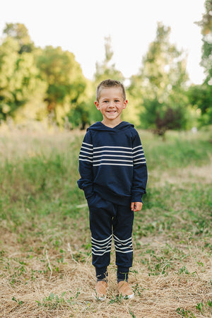 Navy Stripes Hooded French Terry Set