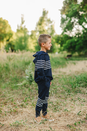 Navy Stripes Hooded French Terry Set