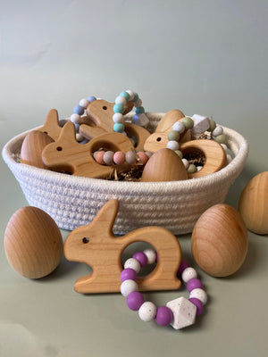 Custom Wooden Bunny Teether with Beaded Silicone Ring