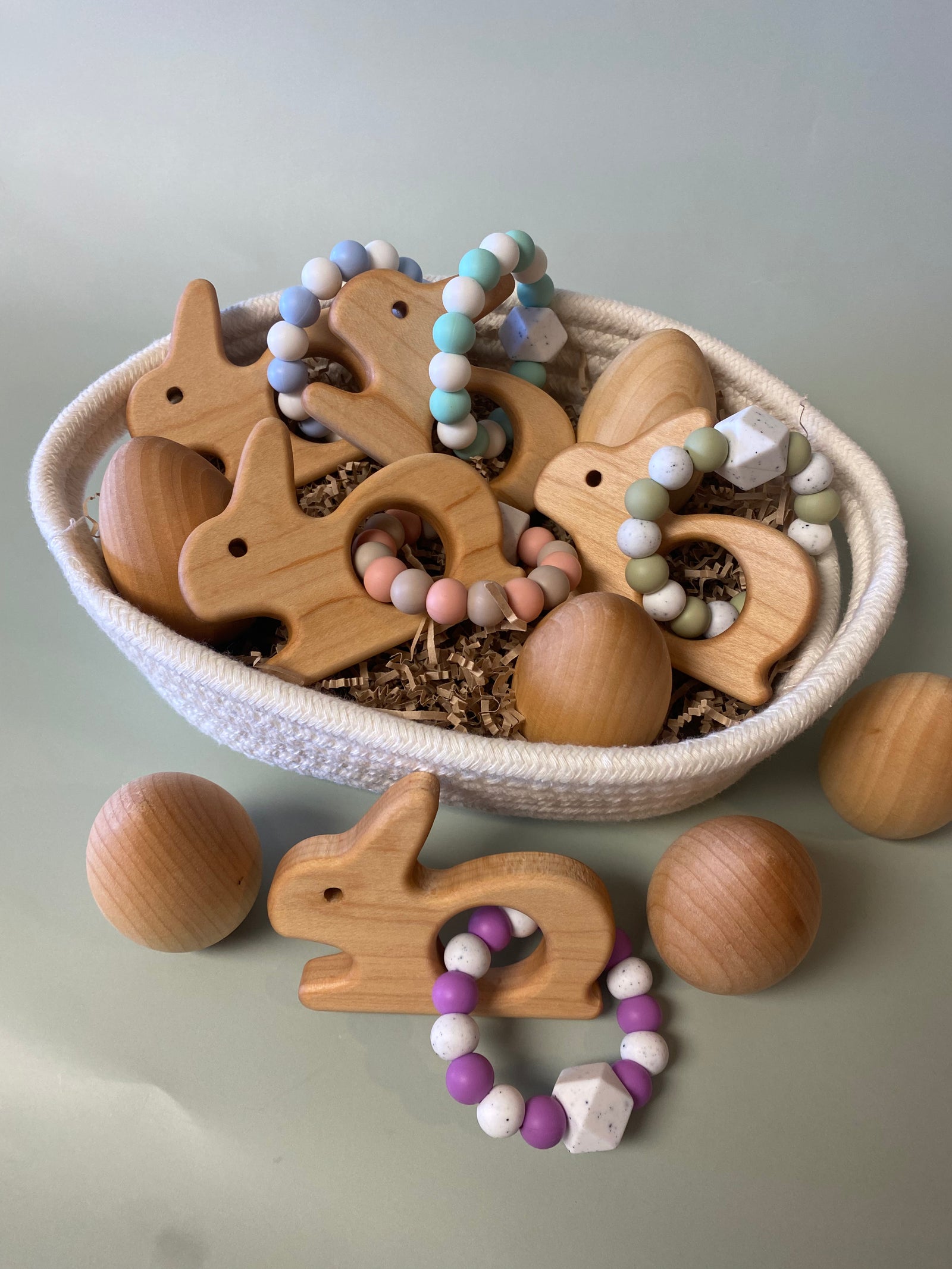 Custom Wooden Bunny Teether with Beaded Silicone Ring