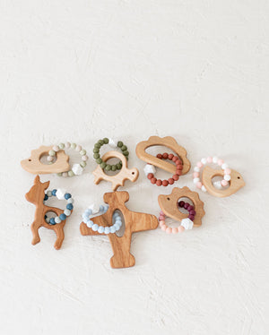 Custom Wooden Bird Teether with Beaded Silicone Ring