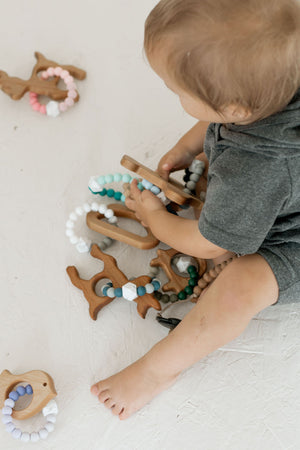 Custom Wooden Airplane Teether with Beaded Silicone Ring