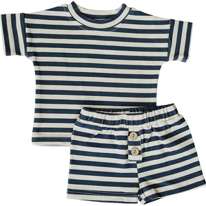 Navy Stripe Button Short Set