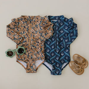 Navy Berry Long Sleeve Ruffle Zipper One-Piece