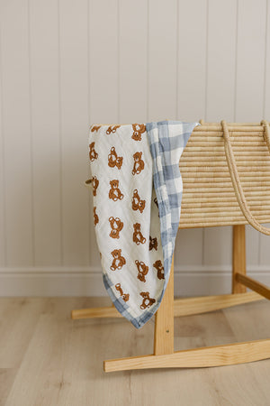 Dusty Blue Gingham + Teddy Bear Muslin Quilt